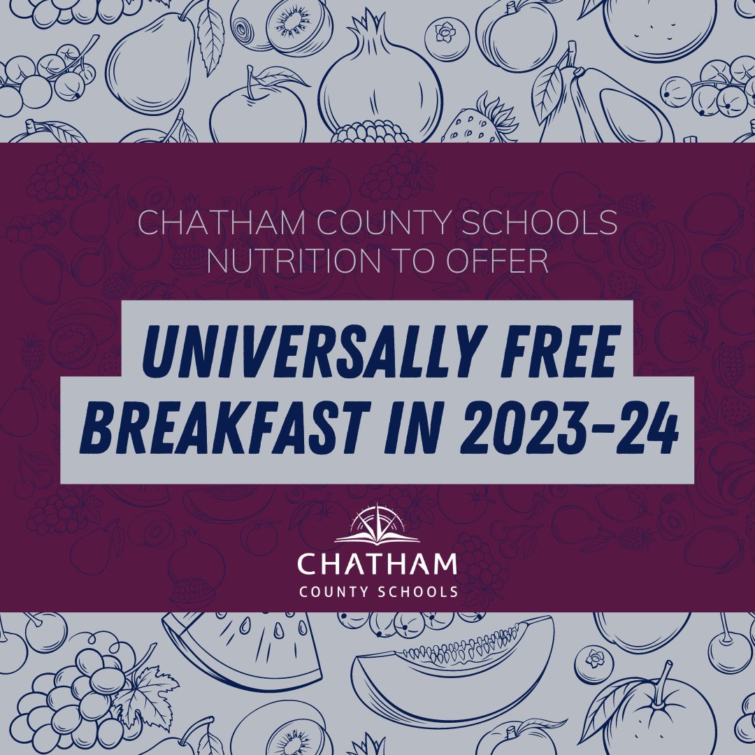 Chatham County Schools will be offering universally free breakfast for the 2023-24 school year. #OneChatham To read more on this announcement, click the link: ow.ly/FpwA50OkABt