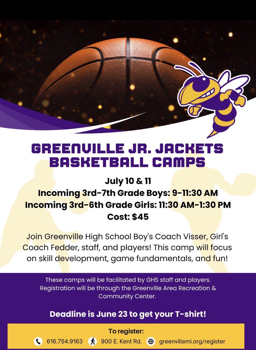 Boys and Girls Youth Basketball camp info below 👇 

greenvillemi.org/register