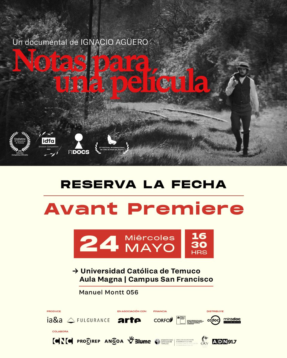 #Estreno A𝘃𝗮𝗻𝘁 𝗽𝗿𝗲𝗺𝗶𝗲𝗿𝗲 𝗱𝗲 "𝗡𝗼𝘁𝗮𝘀 𝗽𝗮𝗿𝗮 𝘂𝗻𝗮 𝗽𝗲𝗹í𝗰𝘂𝗹𝗮", un documental de Ignacio Agüero.
📅Miércoles 𝟮𝟰 𝗱𝗲 𝗺𝗮𝘆𝗼.
⏰16:30 Hrs.
📌Manuel Montt #56 <a href="/UC_Temuco/">UC Temuco</a>. 
Más info en: miradoc.cl y FB e IG <a href="/Miradoc/">mira</a>
¡Entrada liberada!
#Temuco