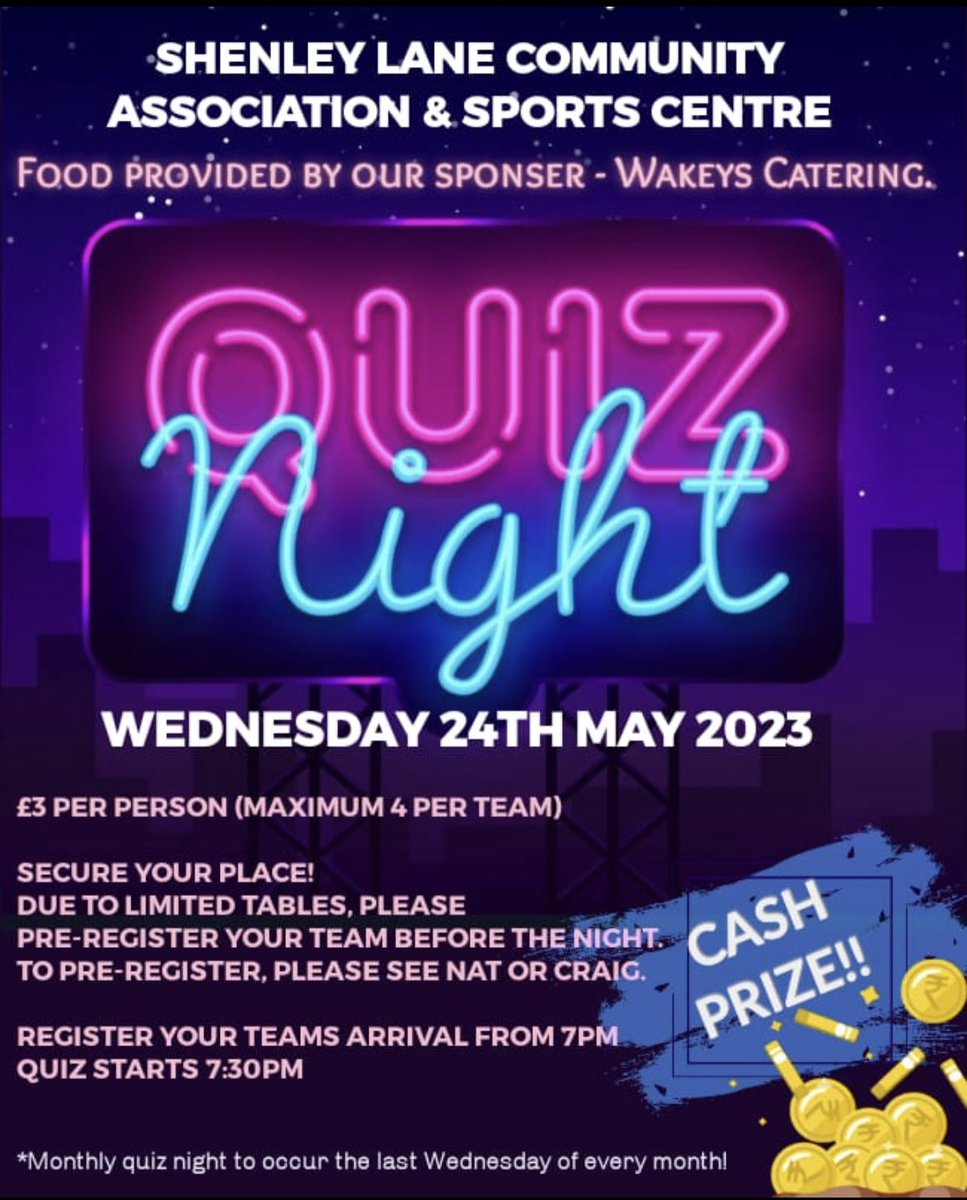 📖🍛𝗟𝗲𝘁’𝘀 𝗚𝗲𝘁 𝗤𝘂𝗶𝘇𝘇𝗶𝗰𝗮𝗹!!🍛📖

Our next quiz night is 2 weeks away! Wakeys Catering are sponsoring the quiz again by providing the food!

We are asking teams to 𝗣𝗿𝗲 𝗥𝗲𝗴𝗶𝘀𝘁𝗲𝗿! You need to see Nat or Craig at the bar to do this. Thank you!