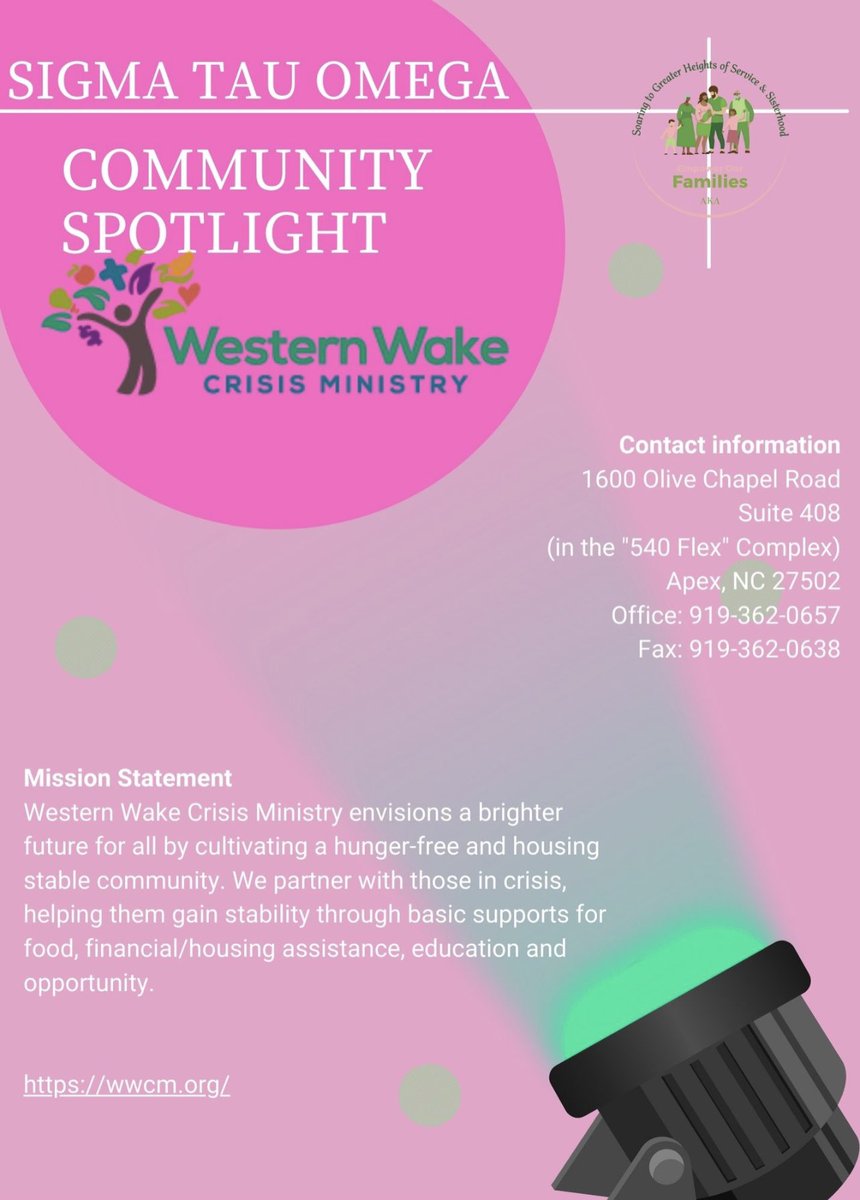 The STO AKAs would like to Uplift Our Local Community by spotlighting: <a href="/WWCMCares/">WWCM</a> 

The Western Wake Crisis Ministry envisions a brighter future for all by cultivating a hunger-free and housing stable community.

visit wwcm.org to learn more