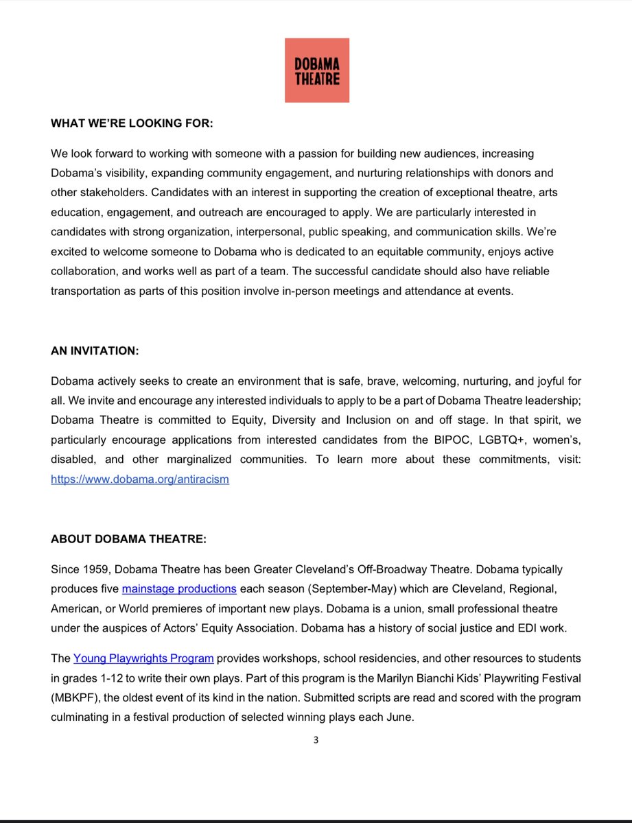 JCUNonprofit's tweet photo. Dobama Theatre is seeking a Director of Advancement!

Please see the images below for more information. https://t.co/V3CVxJKrd2