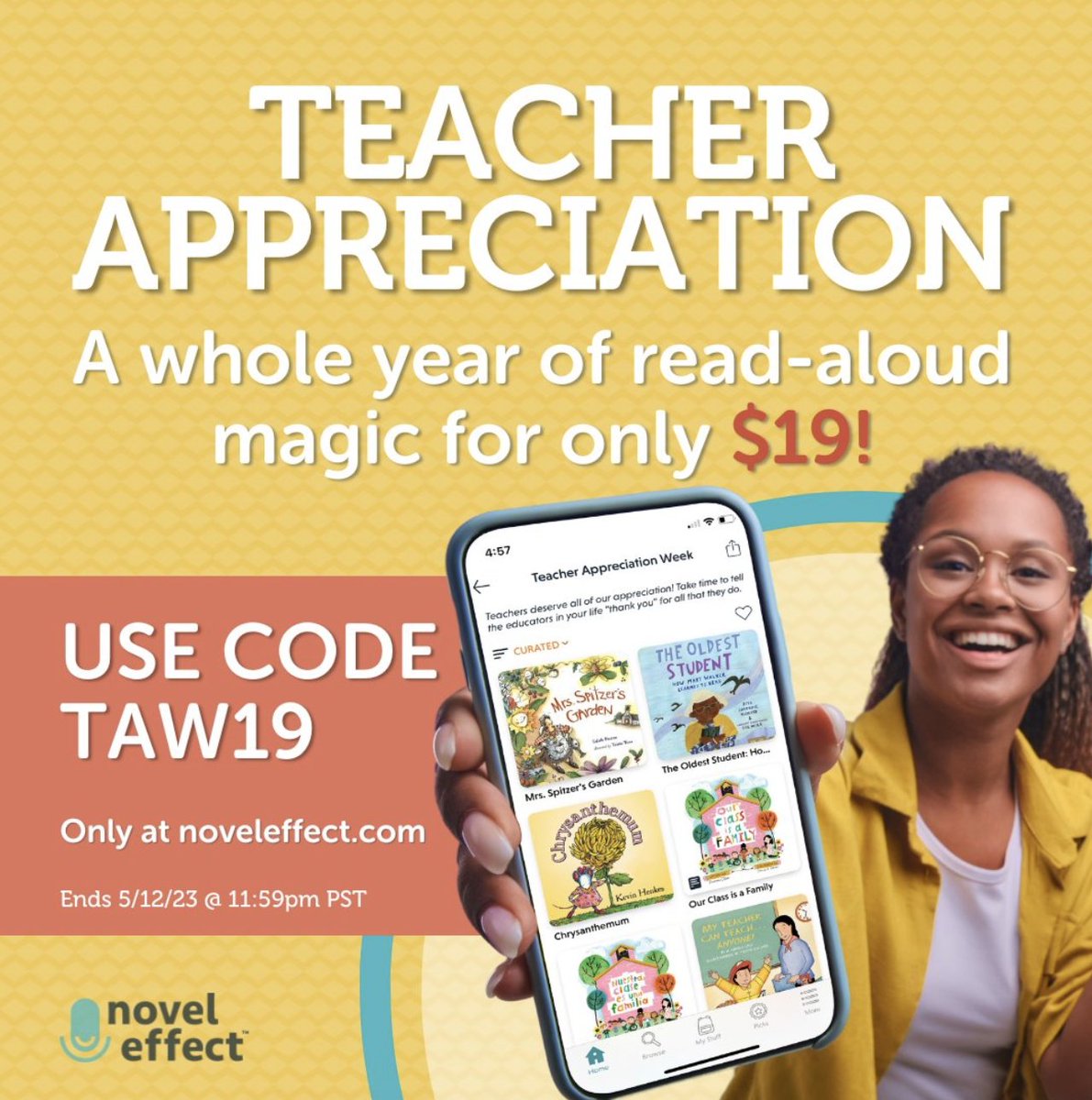shannonmmiller's tweet photo. It's a special Teacher Appreciation SALE-EBRATION from @Novel_Effect this week. 

A whole year of read-aloud magic for only $19! 

Share with your teacher friends too... 

https://t.co/C3fVD92Euc

#tlchat #teachers #teacherappreciation #edchat #edtech #futurereadylibs #futureready #ISTELib