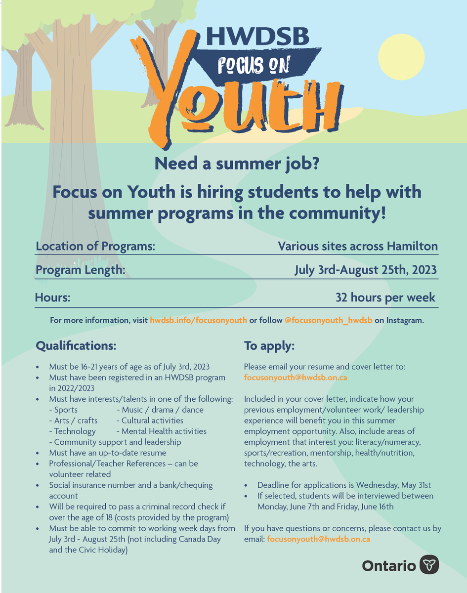 The deadline for Focus on Youth applications is fast approaching!

FOY students get a summer job of their own by helping with other summer programs in the community ☀️

Learn more and apply by May 31: hwdsb.on.ca/blog/focus-on-…