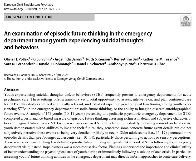 Our paper examining episodic future thinking among suicidal youth in the emergency department is now out, with <a href="/ChristineChaPhD/">Christine B. Cha</a>, <a href="/KieunShinPhD/">Ki Eun (Kay) Shin</a>, <a href="/Kerri_Anne_Bell/">Kerri-Anne Bell (she/her)</a>, and others: link.springer.com/article/10.100…