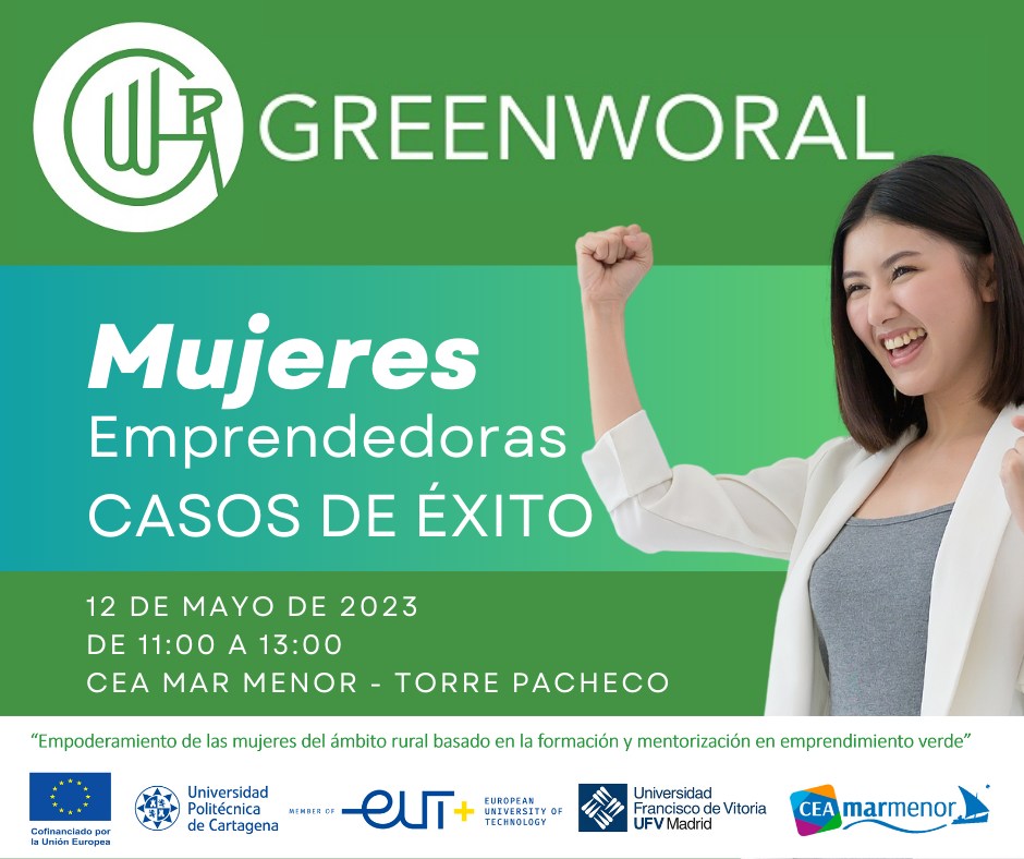 Os invitamos a asistir a nuestra "Sesión en Abierto" del curso de formación #GREENWORAL: EMPRENDEDORA RURAL, en la cual se presentarán varios "𝐂𝐀𝐒𝐎𝐒 𝐃𝐄 𝐄́𝐗𝐈𝐓𝐎".
📷 Próximo viernes 12 de mayo,
📷 de 11:00 a 13:00,
📷en CEA Mar Menor - Torre Pacheco
📷 Sesión GRATUITA