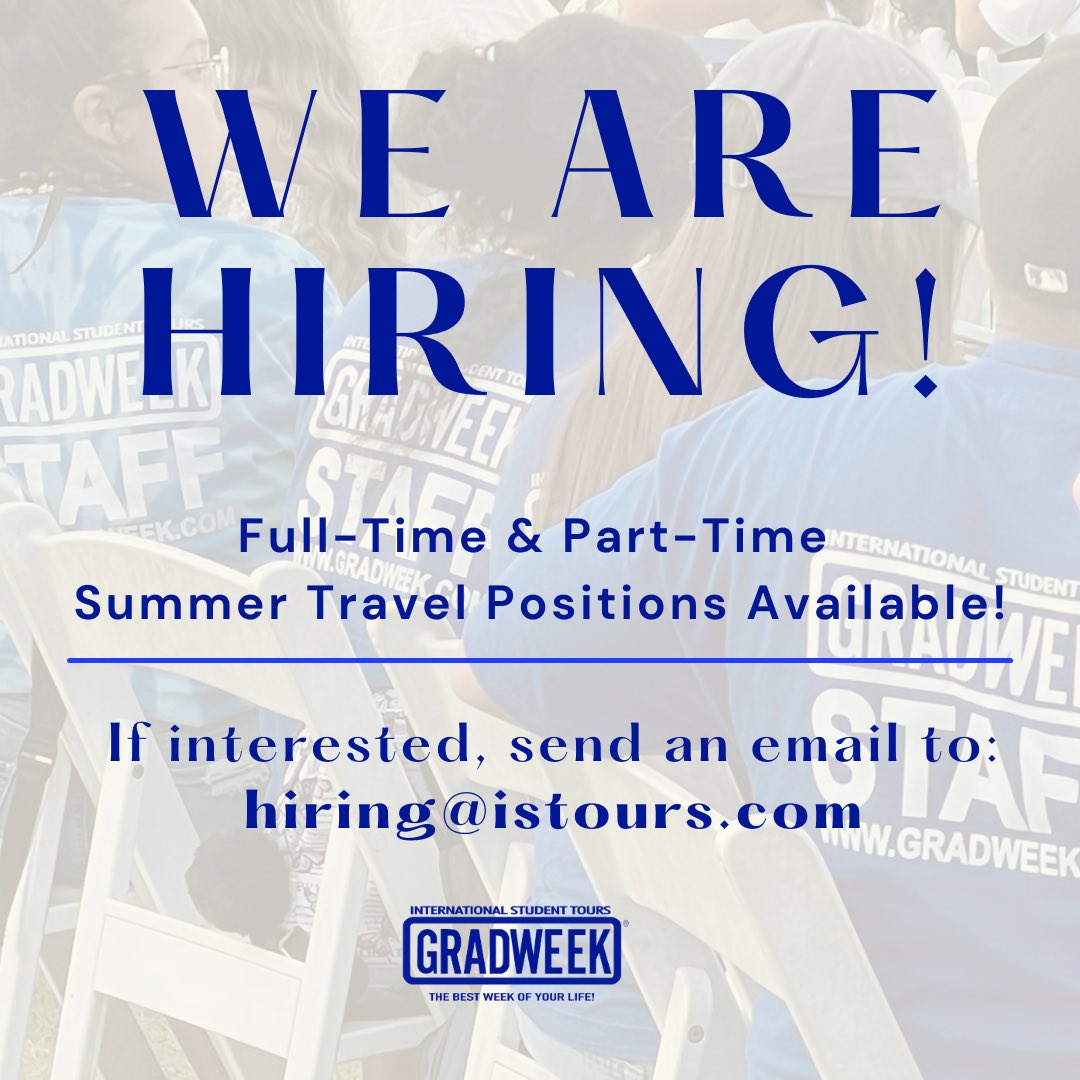 GRADWEEK's tweet photo. We’re still hiring for Summer staff✈️☀️
•
Send your resume to: hiring@istours.com 
•
#hiringnow #hiring #applynow #needajob #travelwithfriends #travelingtogether #travelforwork #traveljob #travelingjobs #vacationing #travelgroup #summertraveljobs https://t.co/gWk9WhaHeg