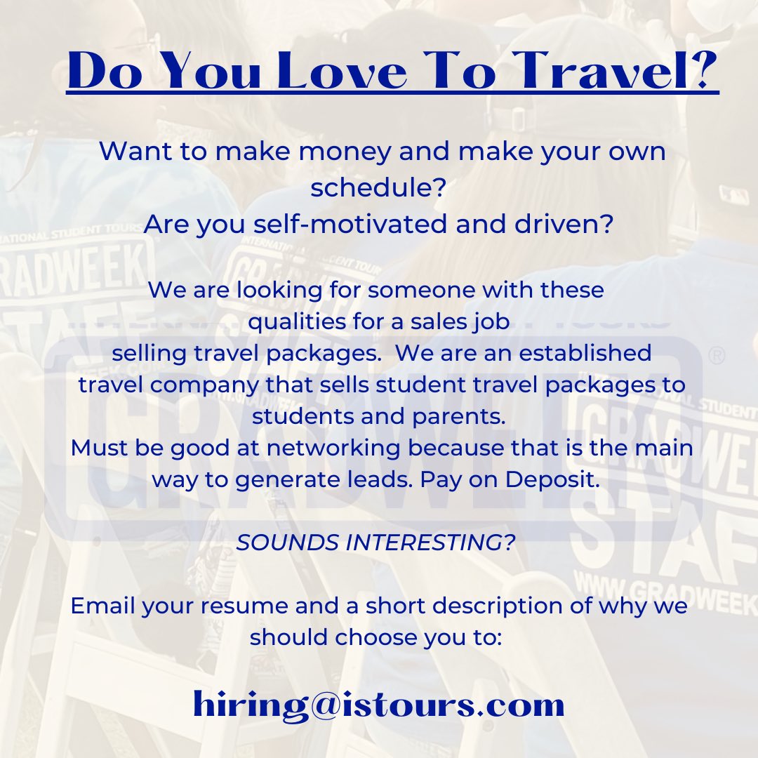 GRADWEEK's tweet photo. We’re still hiring for Summer staff✈️☀️
•
Send your resume to: hiring@istours.com 
•
#hiringnow #hiring #applynow #needajob #travelwithfriends #travelingtogether #travelforwork #traveljob #travelingjobs #vacationing #travelgroup #summertraveljobs https://t.co/gWk9WhaHeg