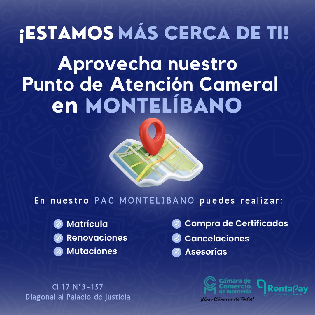 ccmonteria's tweet photo. Tenemos para su disposición en la zona del San Jorge el Punto de Atención Cameral PAC Montelíbano, el cual brindamos cobertura a los municipios de Ayapel, Buenavista, Pueblo Nuevo, Planeta Rica, La Apartada, San José de Uré y Puerto Libertador. https://t.co/yRMKFKevVi