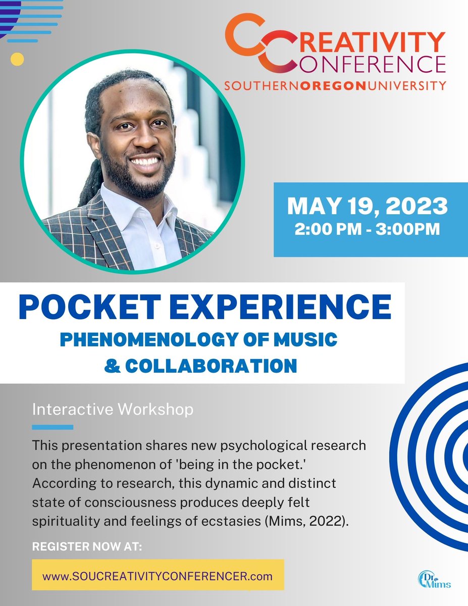 Dr_JeffMims's tweet photo. I am excited to be joining my colleagues next week and presenting at the SOU Creativity Conference | Southern Oregon University | Pocket Experience: A Phenomenology of Music &amp; Collaboration |
https://t.co/HrzrL3LCre
#PocketExperience #MusicConsciousness #MusicalFlow https://t.co/B9A1U0fdEu