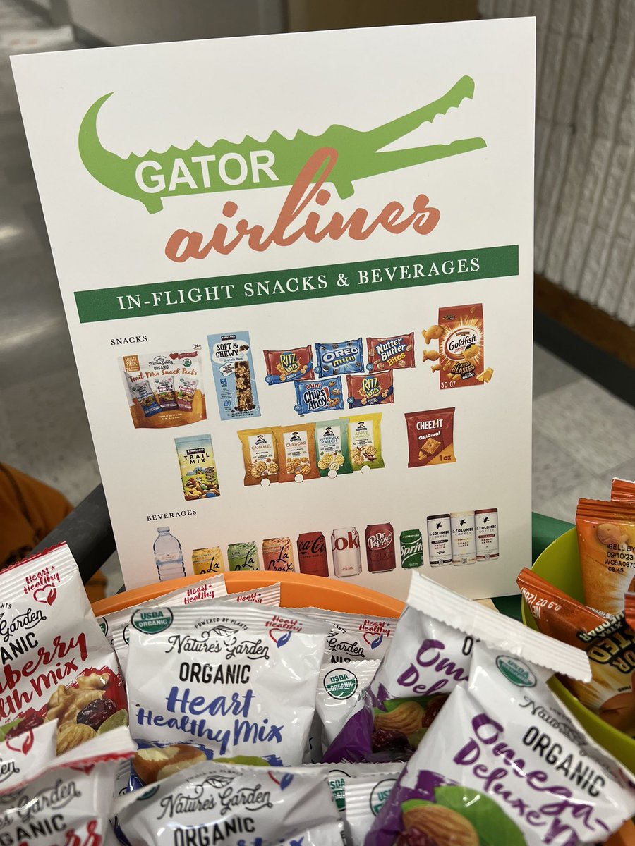 GESGatorPTO's tweet photo. Flight attendants made their way around the cabin to deliver in-flight snacks &amp; beverages to our @GESGATOR staff today!

THANK YOU, Rappahannock Ortho, for donating the treats for our cart &amp; @CrumblCookies for donating cookies!
We appreciate you recognizing our first-class staff! https://t.co/s4UWhX4b2L