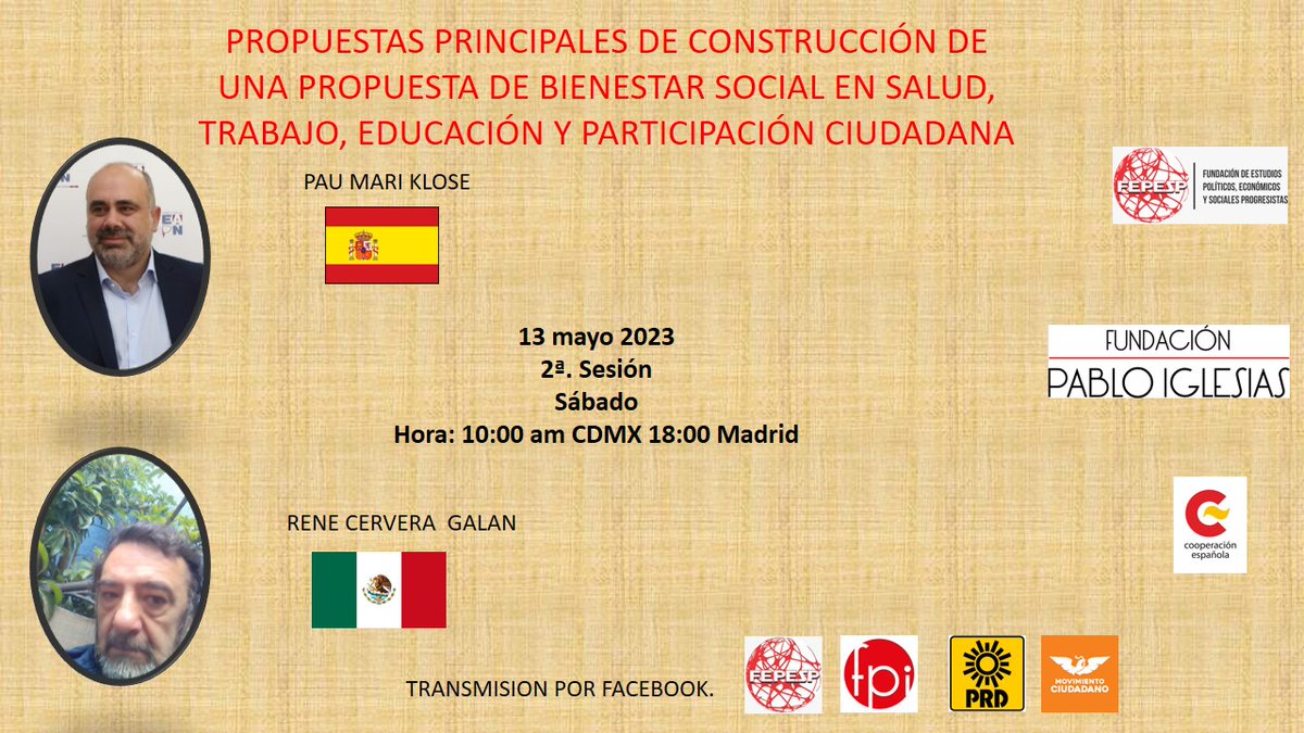 fepesp_org's tweet photo. ✍️
🗓️ Sábado 13May
🕙 10:00 🇲🇽
🕔 17:00 🇪🇦
Curso en Línea
"ABC de propuestas programáticas socialdemocratas"
2a. Sesion
#Convocan @fpabloiglesias y #Fepesp
#Invitan
#PRD #MovimientoCiudadano
Trasmisión por Facebook
Checa tu uso horario https://t.co/GIUeIS8If1