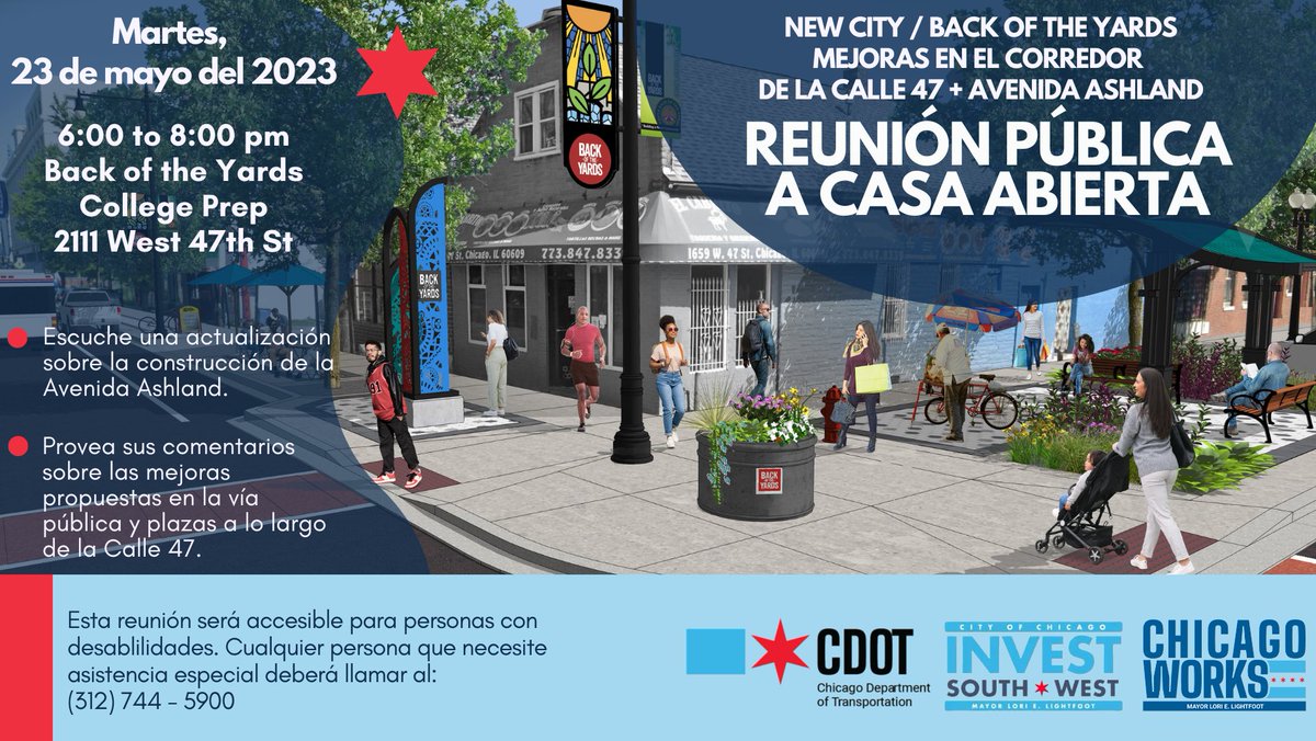 aldabarca's tweet photo. Join the Department of Transportation for an update on the construction of Section 1 on South Ashland Avenue, from 43rd to 49th Streets, and provide input on public way improvements along 47th Street. Including the creation of public open spaces, Damen Avenue realignment. https://t.co/YRA7kbo3Db