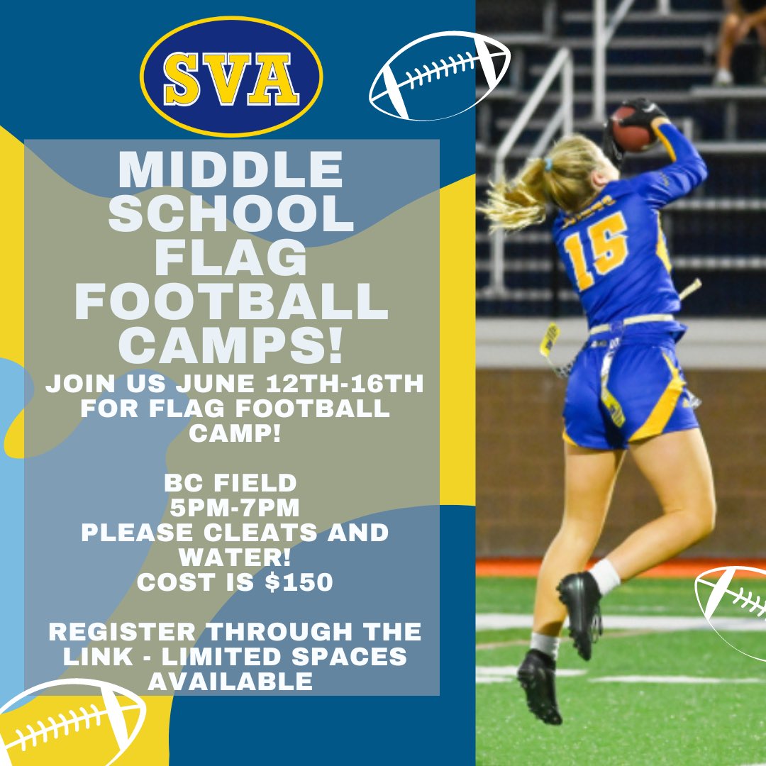 Join us for Middle School Flag Football Camp this summer, June 12th-16th! The girls will learn the basics of flag football and advance to drills and game play! The camp will run from 5-7pm at BC Field. 

Register today!

forms.gle/4Fq7BLQ19x1EfK…

#svaathletics #GoSaints #svahey