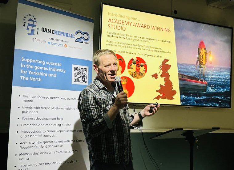 gamerepublic's tweet photo. Rob Goodchild @aardman presents on the work and opportunities #GR20 #GameDevDay https://t.co/XfrF26A3XG