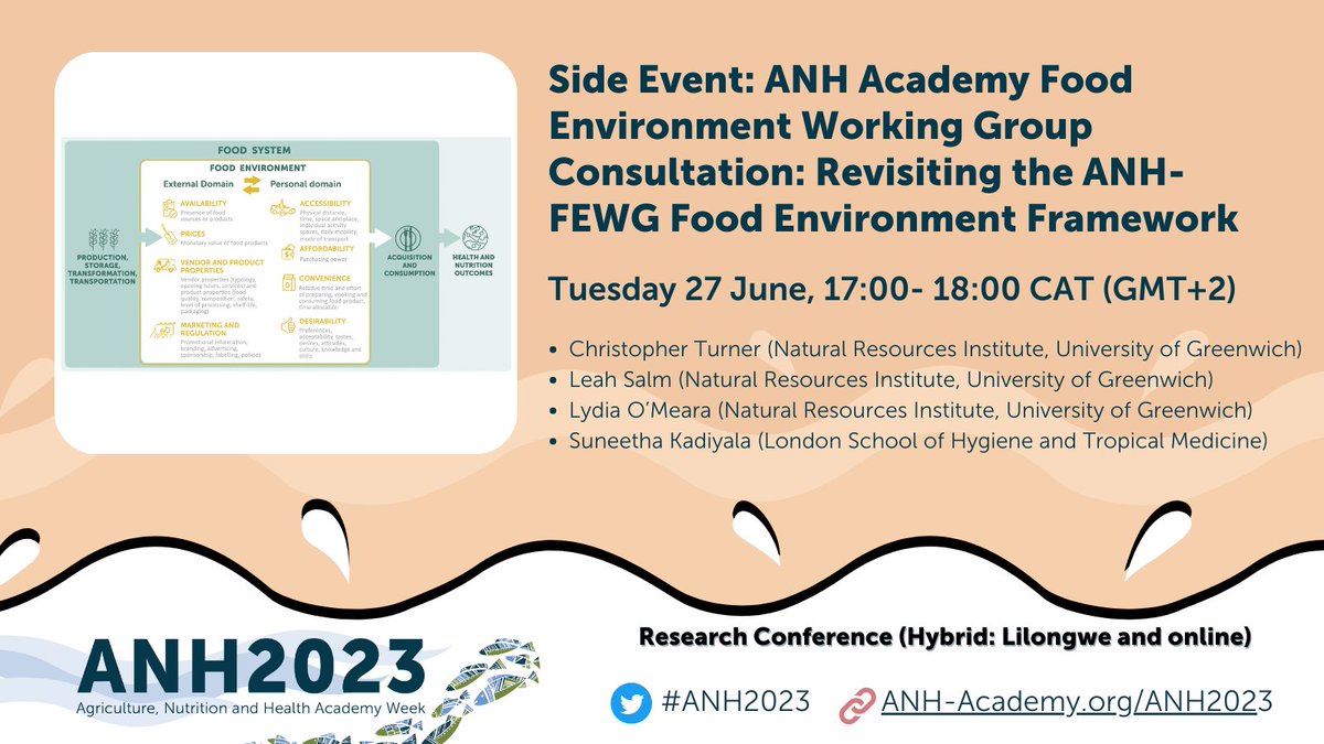#FoodEnvironments features strongly at #ANH2023, including a special open💬consultation: “Revisiting the ANH-FEWG Food Environment Framework” 📅27 June 17:00-18:00 CAT 👩‍🏫W/ @ChrisTurner___ , @leah_salm @UniofGreenwich ➡️anh-academy.org/Academy-week/2… 🧵3/5