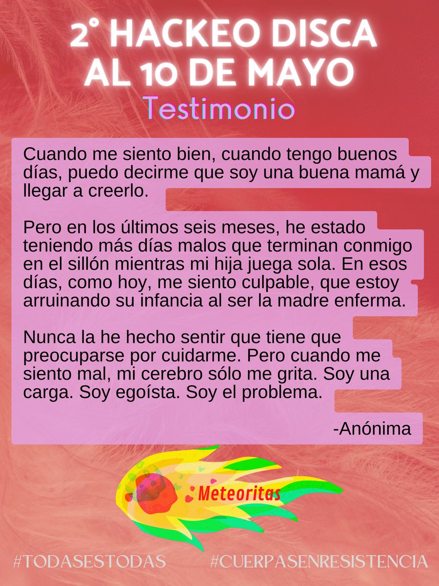 ¿"Buena mamá"? ¿A quién sirve ese concepto? No a quienes se viven al margen. Discas, enfermas, neurodivergentes, necesitan comunalidad y cuidados. Querida anónima, no eres un problema. El problema es la sociedad eugenésica y capacitista
#10DeMayo
#Meteoritas
#MamáDisca