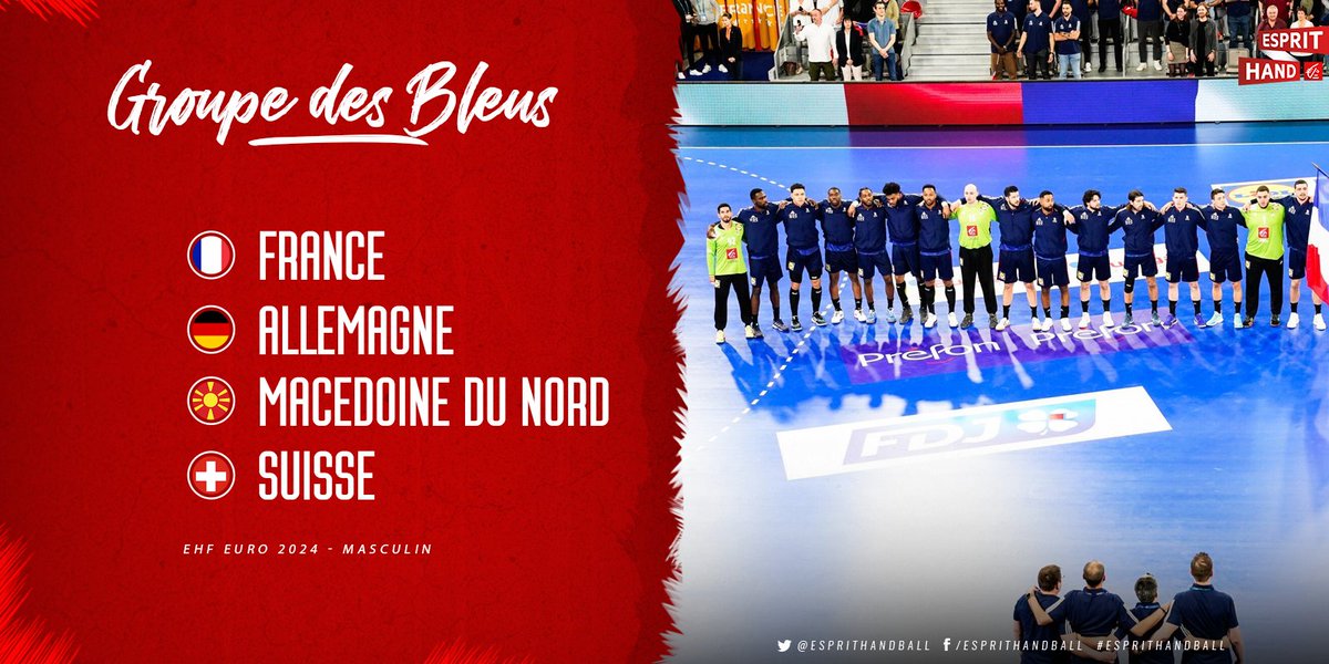 EspritHandball's tweet photo. #VousEtreUtile 
On connait désormais le groupe des Bleus pour le premier tour de l'Euro 2024 avec notamment l'Allemagne, le pays hôte ! 💪 🇫🇷  
#EspritHandball https://t.co/b1WAa9atmH