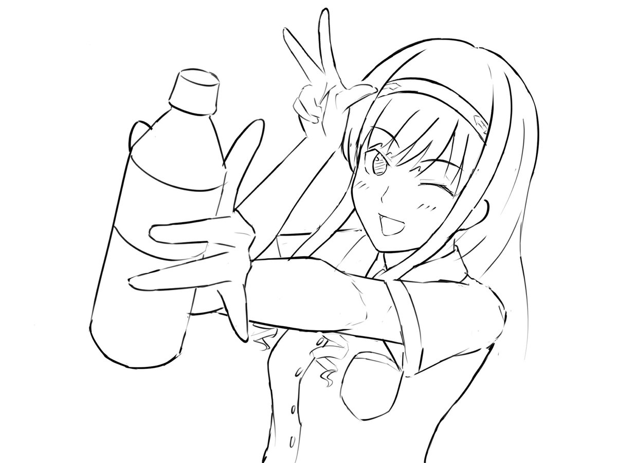 次はこんなふうに森島先輩を描きたいなっていうイメージ
ペットボトルを使って爽やかな感じにしたいところ!!
相変わらずポーズは意味不明、でもいいの!!
背景も迷い中。どうしようかな