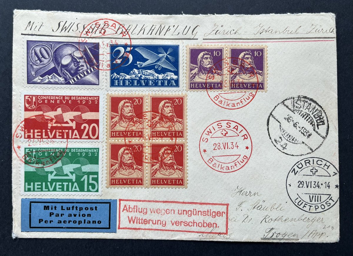 Lovely 1934 cover! Pilot W. Mittelholzer flew a Lockheed Orion Zuerich-Naples-Athens-Istanbul-Belgrade-Zuerich (Pfullendorf). This record flight of 4500km 15hours was delayed (bad weather) &amp; aborted in Pfullendorf, Germany. From there mail was brought to Zuerich by train. ✈️