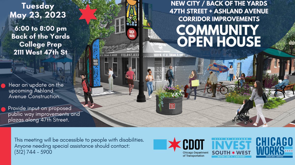 Únase al Departamento de Transporte para obtener una actualización sobre la construcción de la Sección 1 en South Ashland Avenue, desde las calles 43 a 49, y brinde información sobre las mejoras en las vías públicas a lo largo de la calle 47.