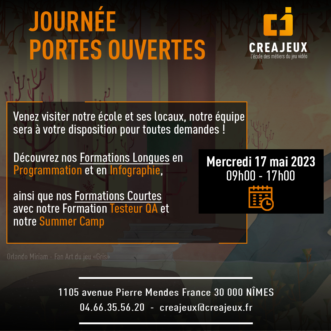 creajeux's tweet photo. [PORTES OUVERTES]
⏰ Retrouvez-nous le mercredi 17 mai 2023 de 09h00 à 17h00
dans nos locaux !
#creajeux #jeuxvideo #programmation #Infographie
#JPO #portesouvertes https://t.co/HtcuGt24vd