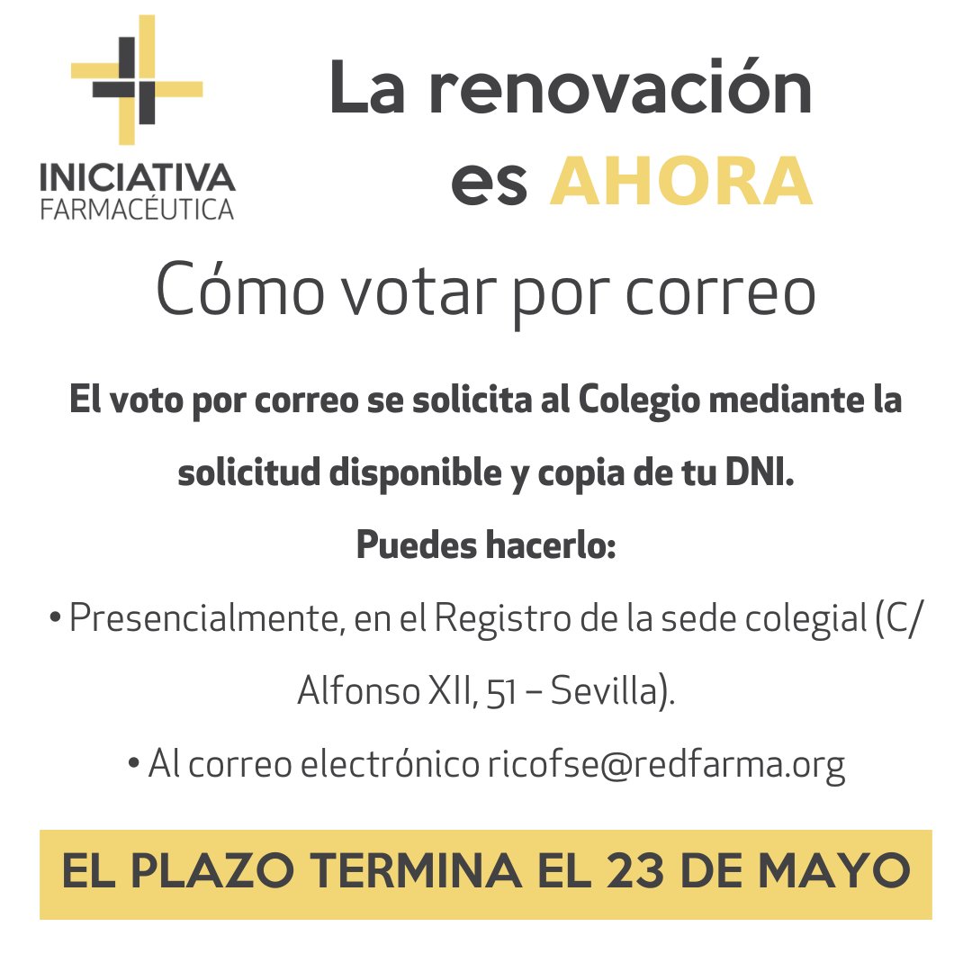 El próximo 18 de junio tienes la oportunidad de la 𝗥𝗘𝗡𝗢𝗩𝗔𝗖𝗜Ó𝗡 en el <a href="/COF_Sevilla/">COF Sevilla</a>.

Si no puedes acudir, tienes hasta el próximo 𝟮𝟯 𝗱𝗲 𝗺𝗮𝘆𝗼 para solicitar el voto por correo✉️.

Descarga tu solicitud bit.ly/votoporcorreo2… y sigue las instrucciones. ⬇️⬇️⬇️