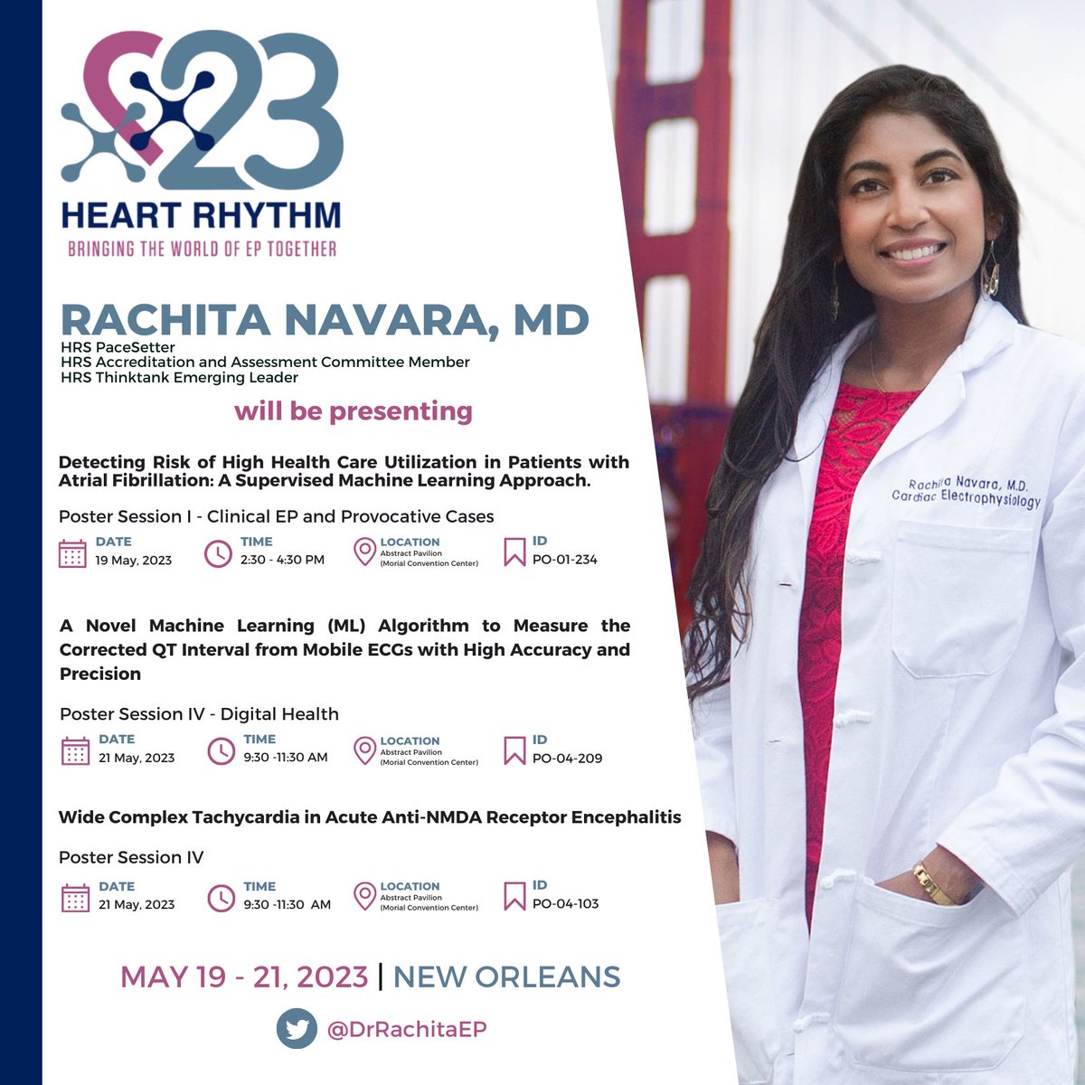 10 days until the biggest heart rhythm conference in the world! Thrilled to be invited to present at three different #HRS2023 sessions - join me in NOLA to learn about our latest work in cardiac machine learning #EPeeps #WomeninEP @HRSonline @kunjgpatel @SafeBeat