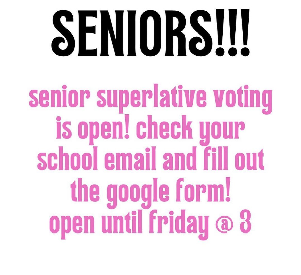 troyhsclassof23's tweet photo. get those votes in seniors!🗳️
all senior superlative winners will be announced at the senior dinner https://t.co/vkKaQ86frQ