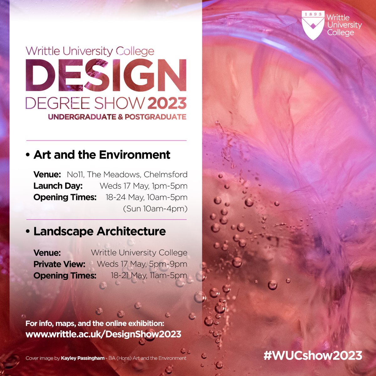 1 week until the final #WUC #Design #DegreeShow.

See the #fantastic work of our #LandscapeArchitecture &amp; #Art and the #Environment students in 2 venues (#Writtle and #Chelmsford).

For info and maps (and virtual exhibition in late May) visit writtle.ac.uk/designshow2023

#WUCshow2023