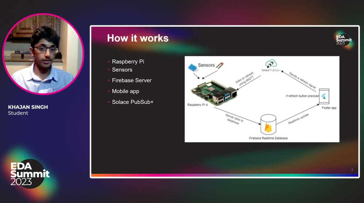 solacedotcom's tweet photo. We LOVE seeing #EDASummit speakers demonstrate how PubSub+ can be used! We wanted to take a minute to celebrate our youngest blog contributor who is showing @EDASummit attendees how he used sensors, a #RaspberryPi, and PubSub+ to keep his plant alive! https://t.co/1CuitIYb5L