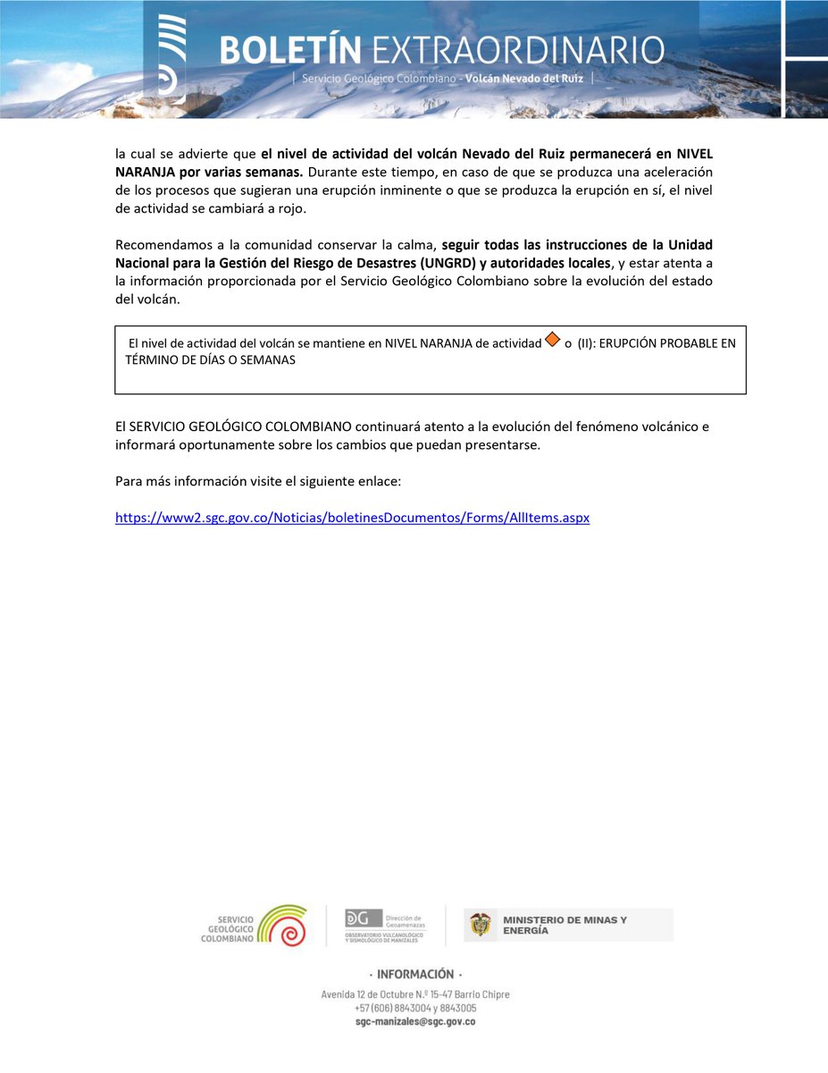Boletín extraordinario del volcán Nevado del Ruiz - 10 de mayo 11:25 a.m. El nivel de actividad continúa en NARANJA 🔸
bit.ly/41qx5Yw
#SGCVolcanes