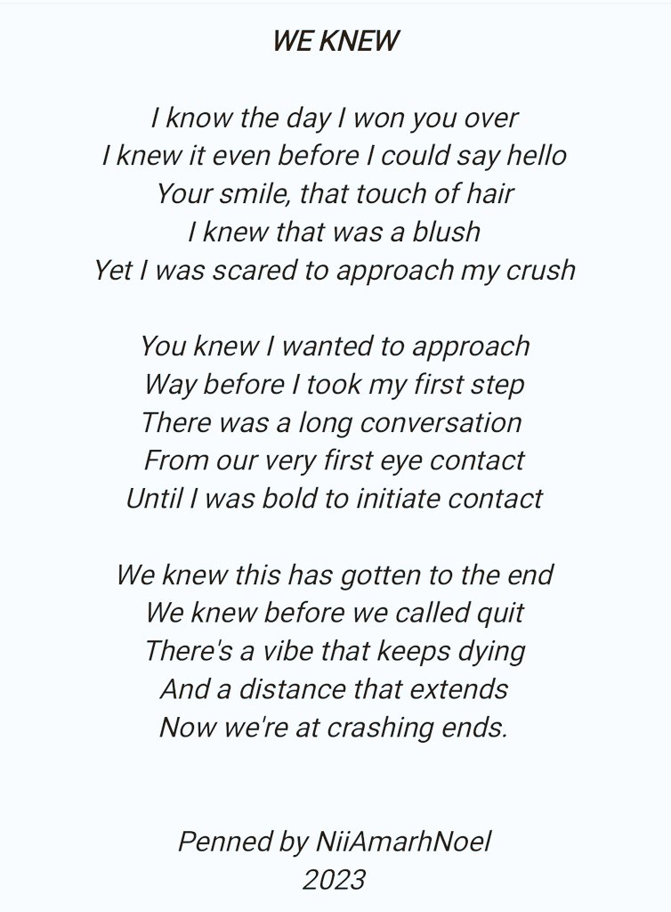 NiiAmarhNoel's tweet photo. There's so much we know before it manifests.. and this may be one you may relate to... I hope you enjoy this..
#WriteUpWednesday #WriteUp #WritingCommunity #writerslift #PoemADay #poetry #poetrycommunity #poetrylovers #poetrytwitter https://t.co/kBdrKcja1I