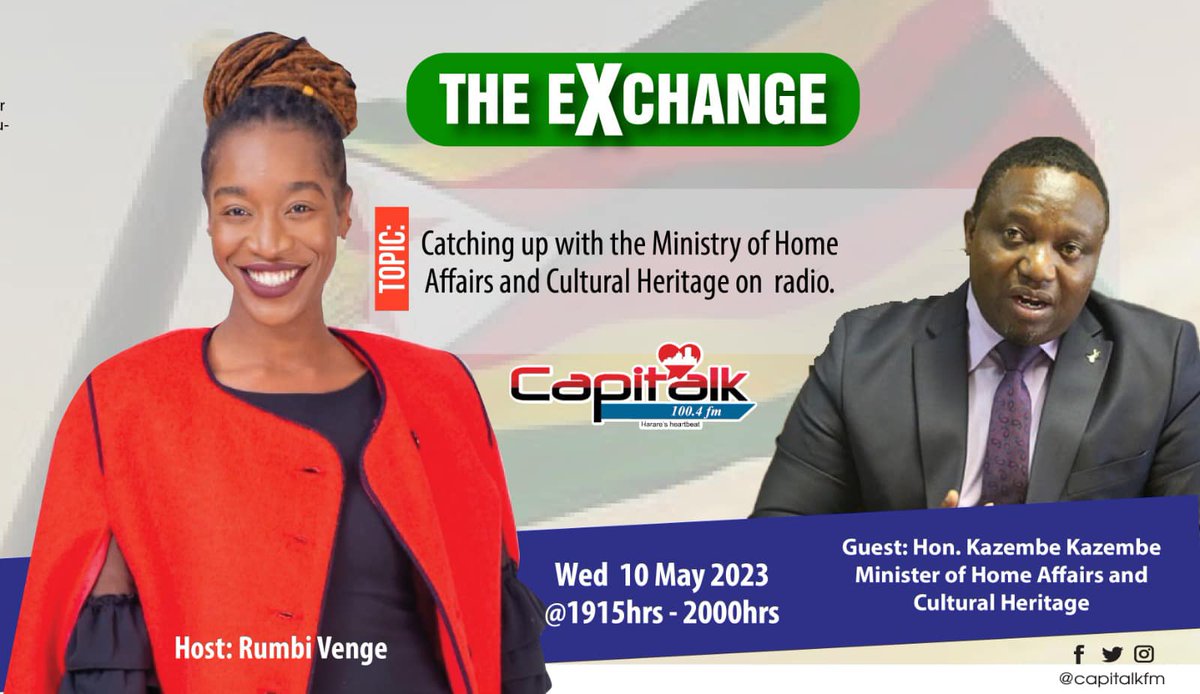 capitalkfm's tweet photo. Catch @Roomby101 at 7:15pm as she hosts the Minister of Home Affairs and Cultural Heritage, Hon @KazembeKazembe3 on #TheExchange
@Moha_Zim
#capitalkfm #kazembekazembe #rumbidzaivenge https://t.co/mfIdzGWtkj
