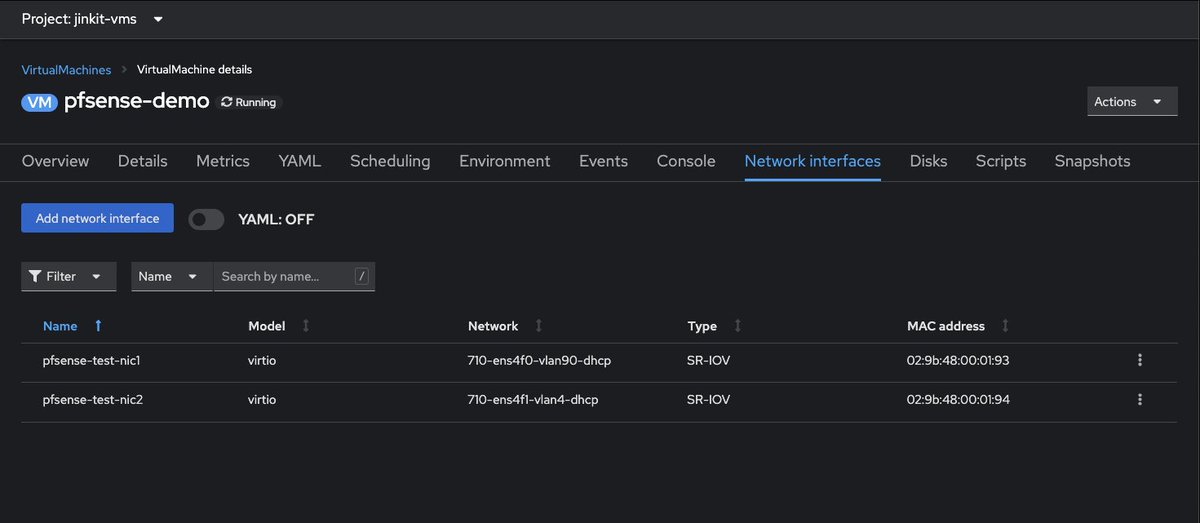 v1k0d3n's tweet photo. It's pretty nice to see @pfsense running as a Kubernetes-based #KVM #virtualmachine with @kubevirt/@openshift. Even better with #Intel710 25G #SRIOV-based, isolated interfaces ๐ฅณ
@TomLawrenceTech This is what I've been wanting to show you for a little while now...๐ https://t.co/UiwuXj0ask