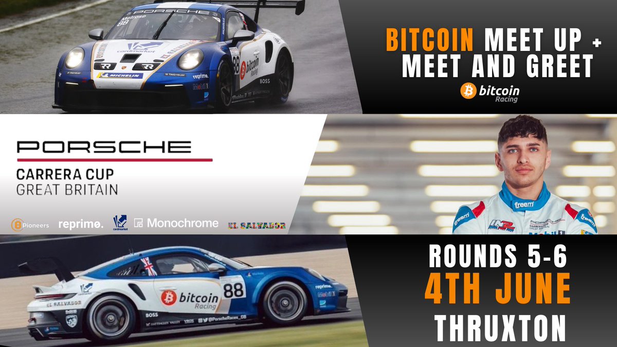 1/ Join us at Thruxton on June 4th for rounds 5-6 of the thrilling Porsche Carrera Cup!🏁 Experience an unforgettable day with a #Bitcoin meet-up, where you can mingle with @seb_melrose, get a signed poster, enjoy food and drinks, & even explore the paddock with a car tour🏎️ 🧵