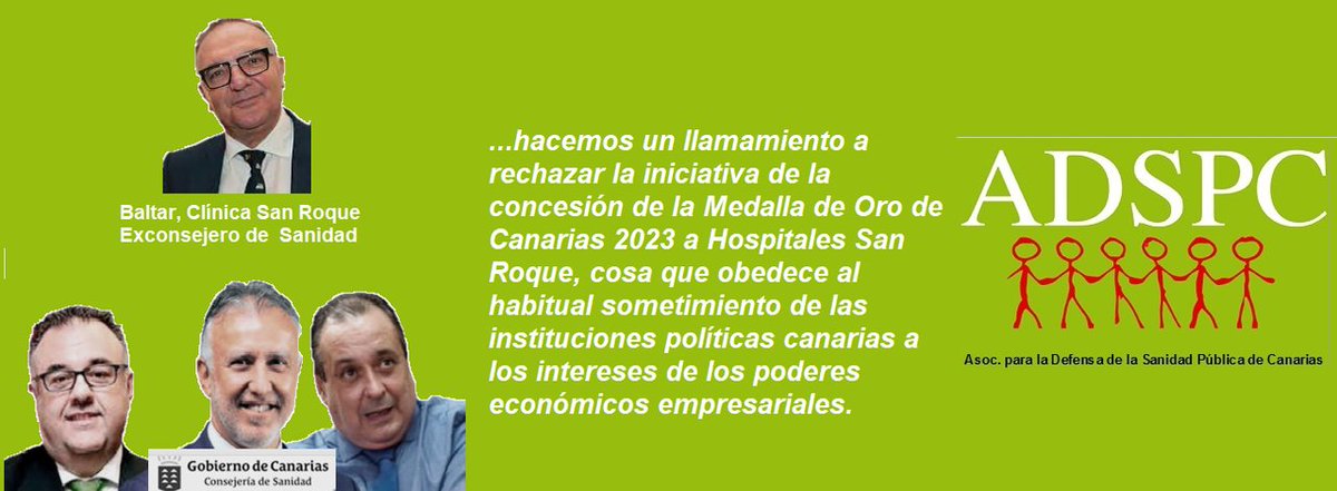 La Medalla de Oro de Canarias a Hospitales San Roque es un insulto a la Sanidad Pública - ADSPC, ASOCIACIÓN PARA LA DEFENSA DE LA SANIDAD PÚBLICA DE CANARIAS lacasademitia.es/articulo/comun… a través de <a href="/lacasademitia/">La casa de mi tia</a>