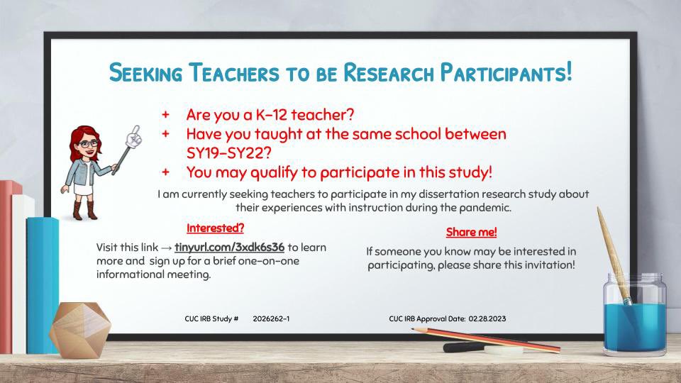XicaHenley's tweet photo. Seeking Teachers to be Research Participants!  Interested? Visit this link —>https://t.co/01PmZrXgcK

Share me! #teacher #research #education #covid https://t.co/YmqzOT20x6
