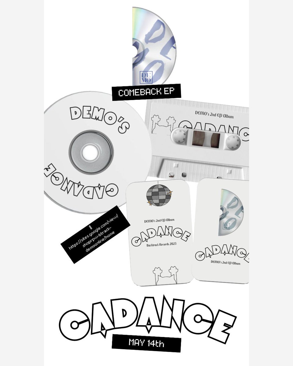 DEM0FFICIAL_'s tweet photo. DEMO's new EP, "CADANCE", can now be pre-ordered on cassettes and CDs, and their merch bundle, and you can have the chance to listen to the new EP before the official release date! The EP, which will drop on May 14, also has a confirmed tracklist listed below 🪩🐱 https://t.co/lD8gYUlGmN