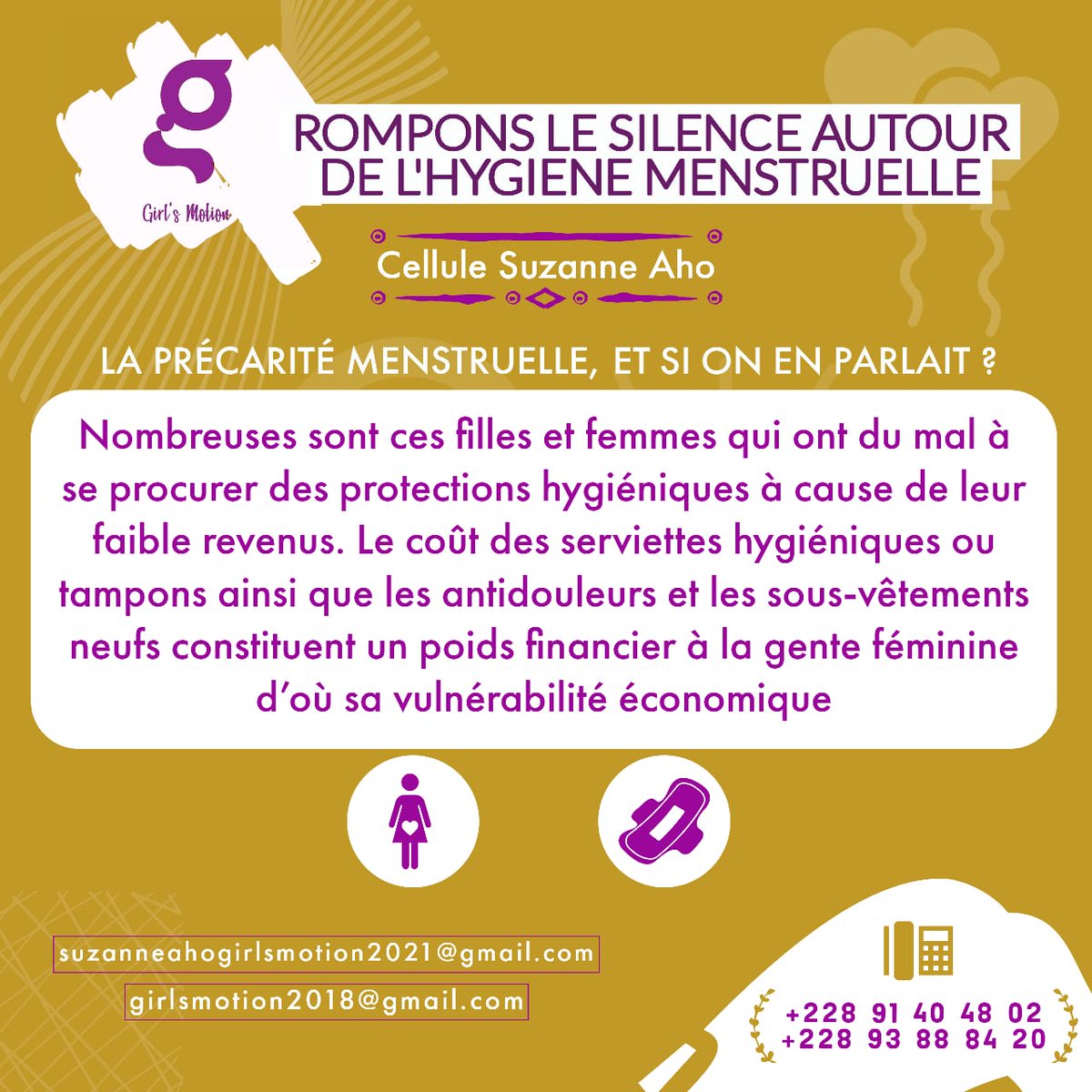*Le saviez-vous ?*                                     *La précarité menstruelle* c'est le manque d'installations et de matériel adéquats, la présence des restrictions aux déplacements des filles pendant leurs règles et le sentiment de honte ou de « malpropreté ».