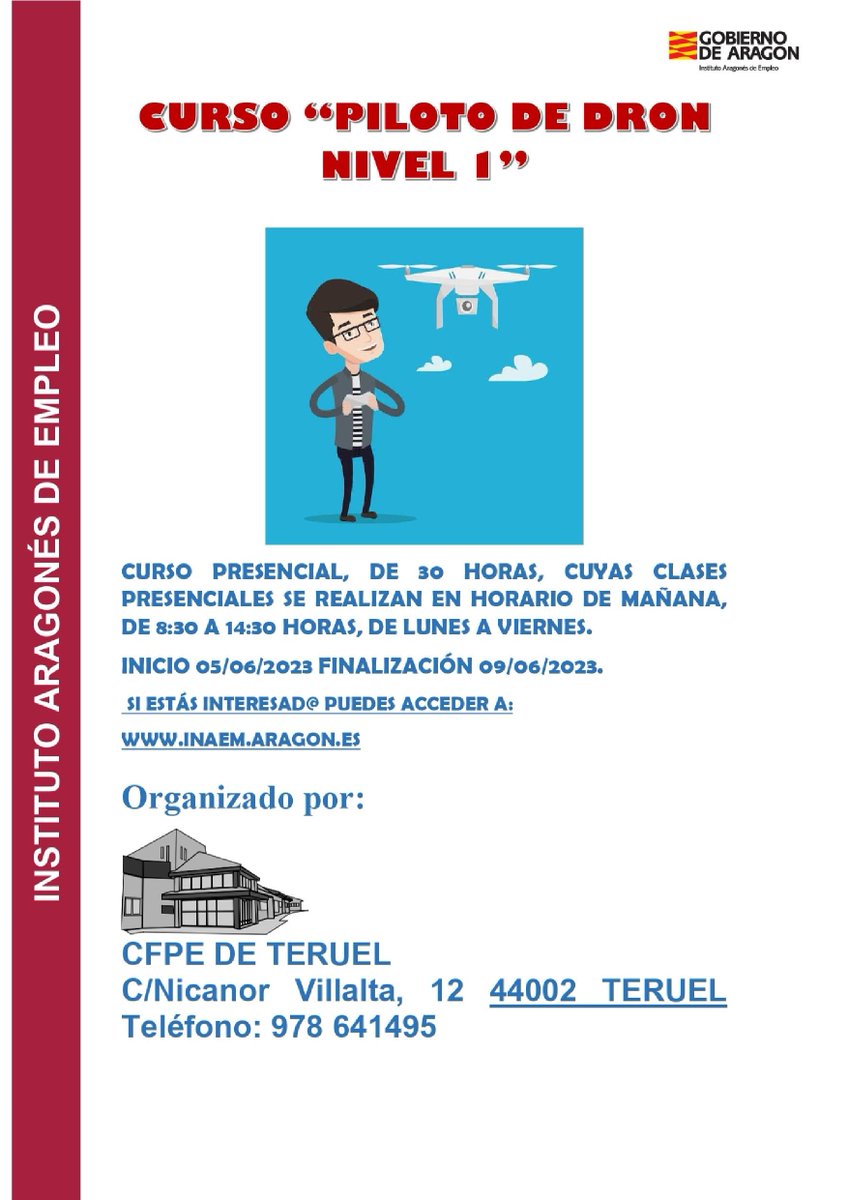 Inaempleo's tweet photo. 💯🆕🗣️¿Quieres #aprender a #pilotar #drones?

👩‍💻😉No dudes en #apuntarte en este curso #presencial que organizamos en #Teruel en el mes de #junio 

📱Es un #sector con mucha salida #laboral 

#formaciónTeruel https://t.co/x9vmdbeULn