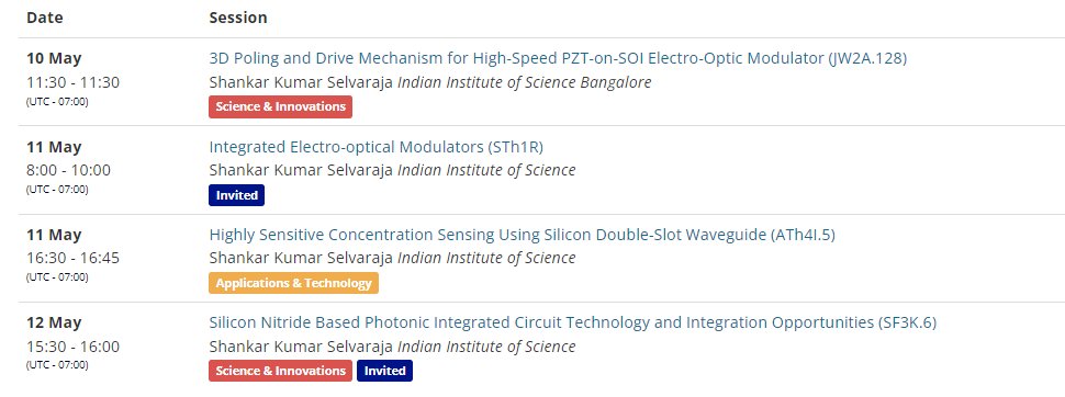 PhotonResLab (@prlatiisc) on Twitter photo We are starting our innings at <a href="/CLEOConf/">CLEO Conference</a>
Novel 3D poled PZT for high-speed EO modulator 10/5
Highly sensitive double slot waveguide sensor 11/05
SiN PIC and integration opportunities 12/05
<a href="/iiscbangalore/">IISc Bangalore</a> <a href="/CeNSEatIISc/">CeNSEatIISc</a> We are starting our innings at <a href="/CLEOConf/">CLEO Conference</a>
Novel 3D poled PZT for high-speed EO modulator 10/5
Highly sensitive double slot waveguide sensor 11/05
SiN PIC and integration opportunities 12/05
<a href="/iiscbangalore/">IISc Bangalore</a> <a href="/CeNSEatIISc/">CeNSEatIISc</a>