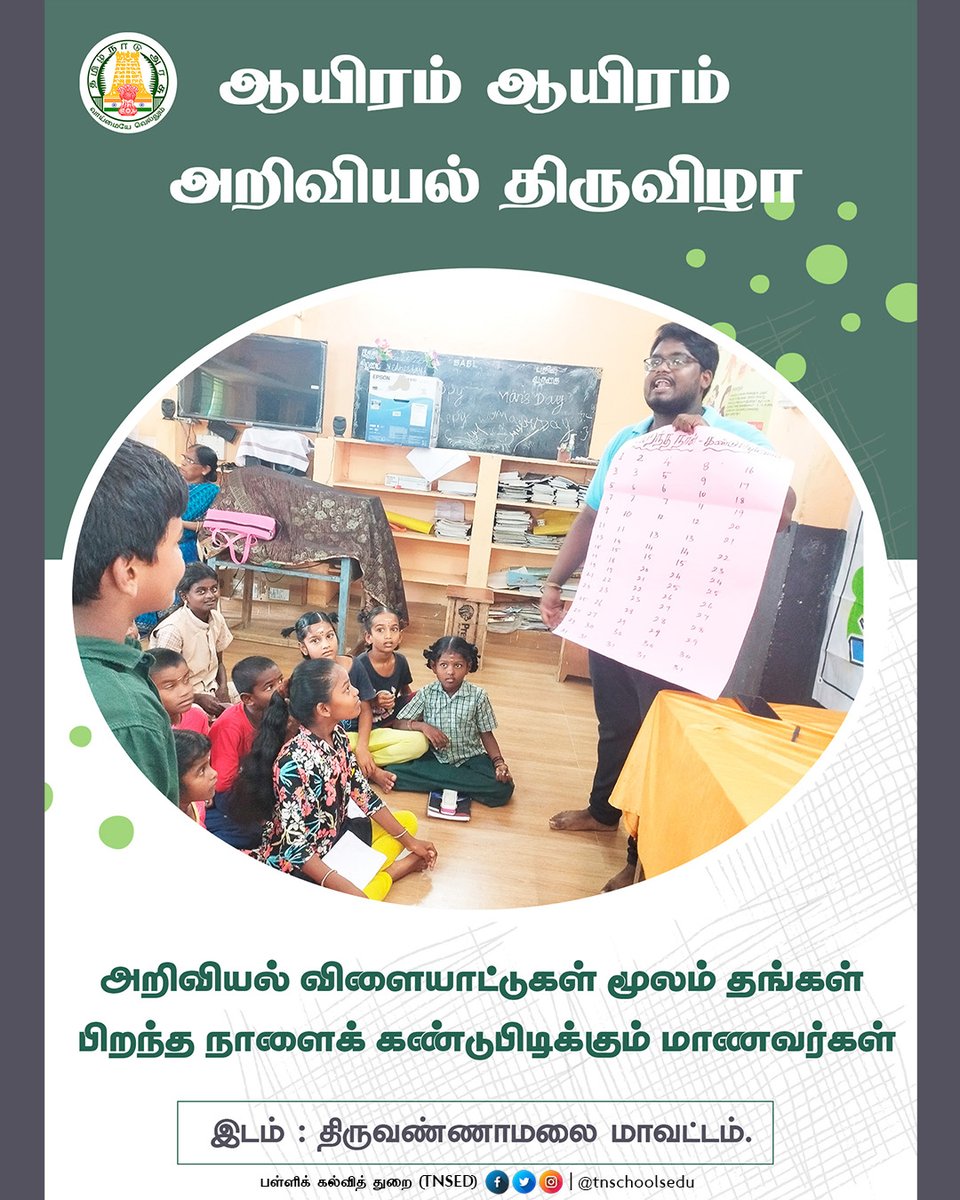 tnschoolsedu's tweet photo. வானவில் மன்றம் - ஆயிரம் ஆயிரம் அறிவியல் திருவிழா

#School | #Students | #GovtSchools | #TNSED | #TNGovtSchools | #TNEducation | #TNschools | #MKStalin | #பள்ளிக்கல்வித்துறை | #STEMOnWheels | #Vaanavil_Ariviyal_manram

@Anbil_Mahesh https://t.co/ZeE5BcR691