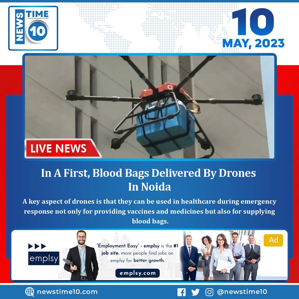 newstime_10's tweet photo. In A First, Blood Bags Delivered By Drones In Noida

Read more: https://t.co/4InO1kWe02

 #newstime10 #NT10 #LiveNews #news #bloodbags #drones #noida #keyaspect #healthcare #emergency #vaccines #medicines #supplyingbloodbags https://t.co/jrAgHEbKvt