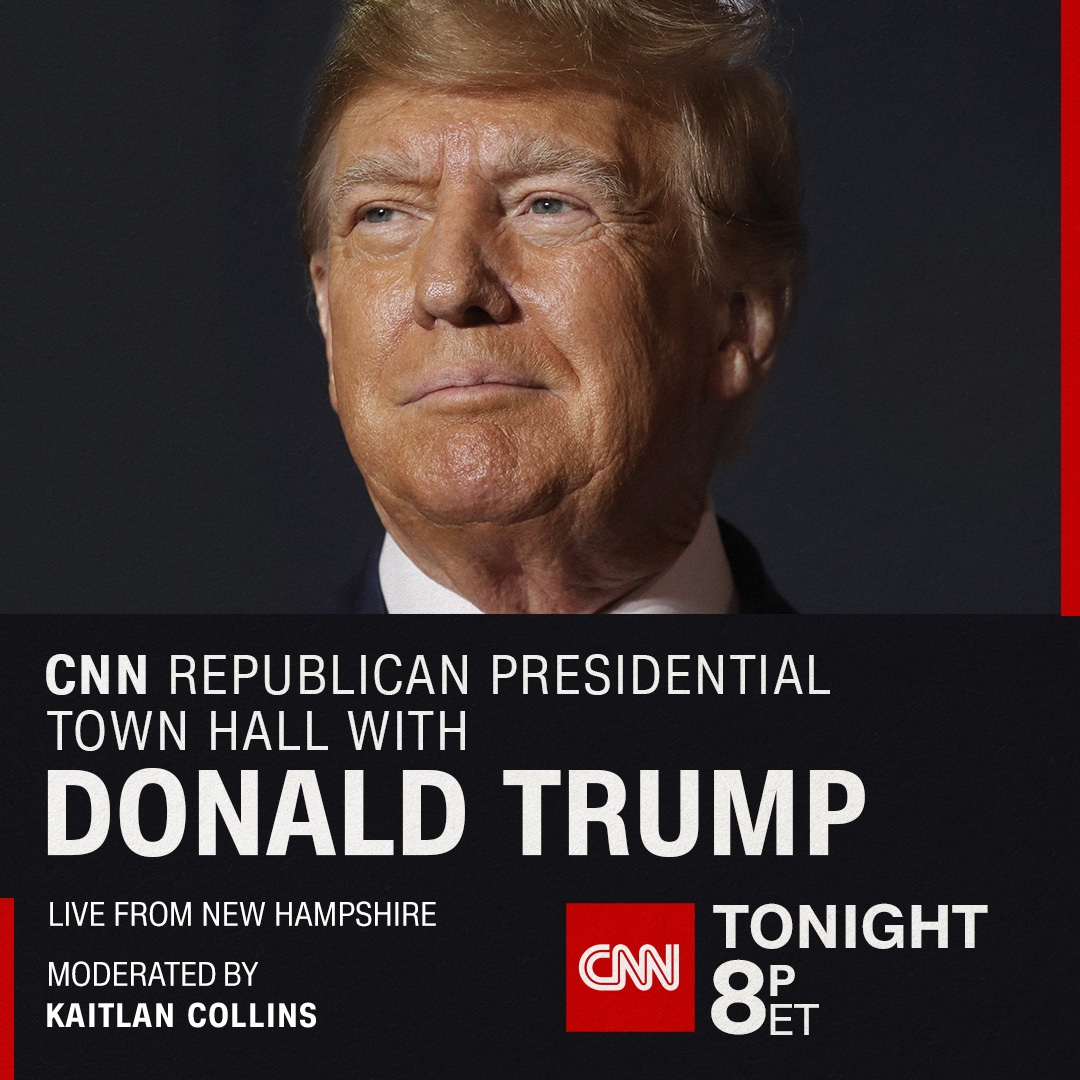 CNN's tweet photo. A CNN Exclusive: Former President Donald Trump talks to @KaitlanCollins and GOP primary voters in a live town hall. A CNN Republican Presidential Town Hall airs tonight at 8 p.m. ET https://t.co/L6FgXlVh2q