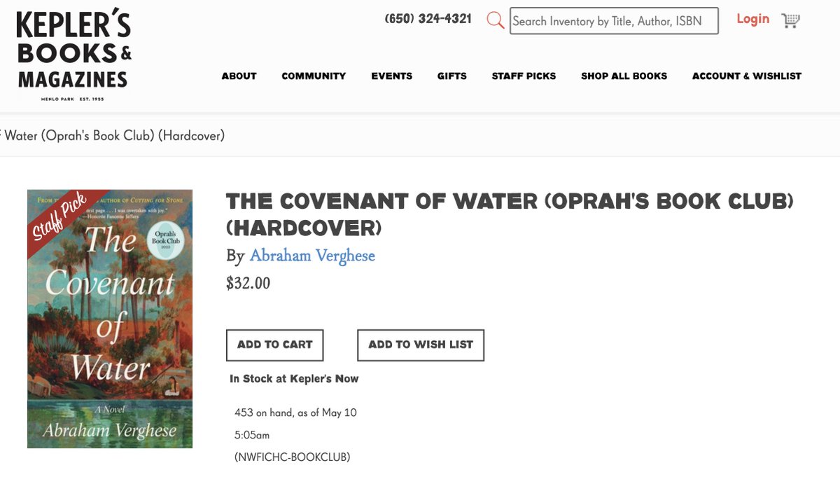 abe_verghese's tweet photo. If you'd like to order an autographed copy of THE COVENANT OF WATER, you can place an online order with @Keplers at this link--be sure to add a message in the notes field that you'd like a signed copy. (You can also order by phone at 650-324-4321.) https://t.co/LWFdepPQXk https://t.co/PLmkRSUmcn