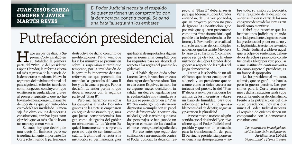 jmartinreyes's tweet photo. El berrinche de @lopezobrador_ muestra que la guerra contra la @SCJN persiste.

Frente a la putrefacción presidencial, hoy la #Corte necesita de quienes tienen un compromiso con la democracia constitucional.

Sobre esto escribo hoy en @Reforma con el profe @garza_onofre. https://t.co/JMDgx7LhPI