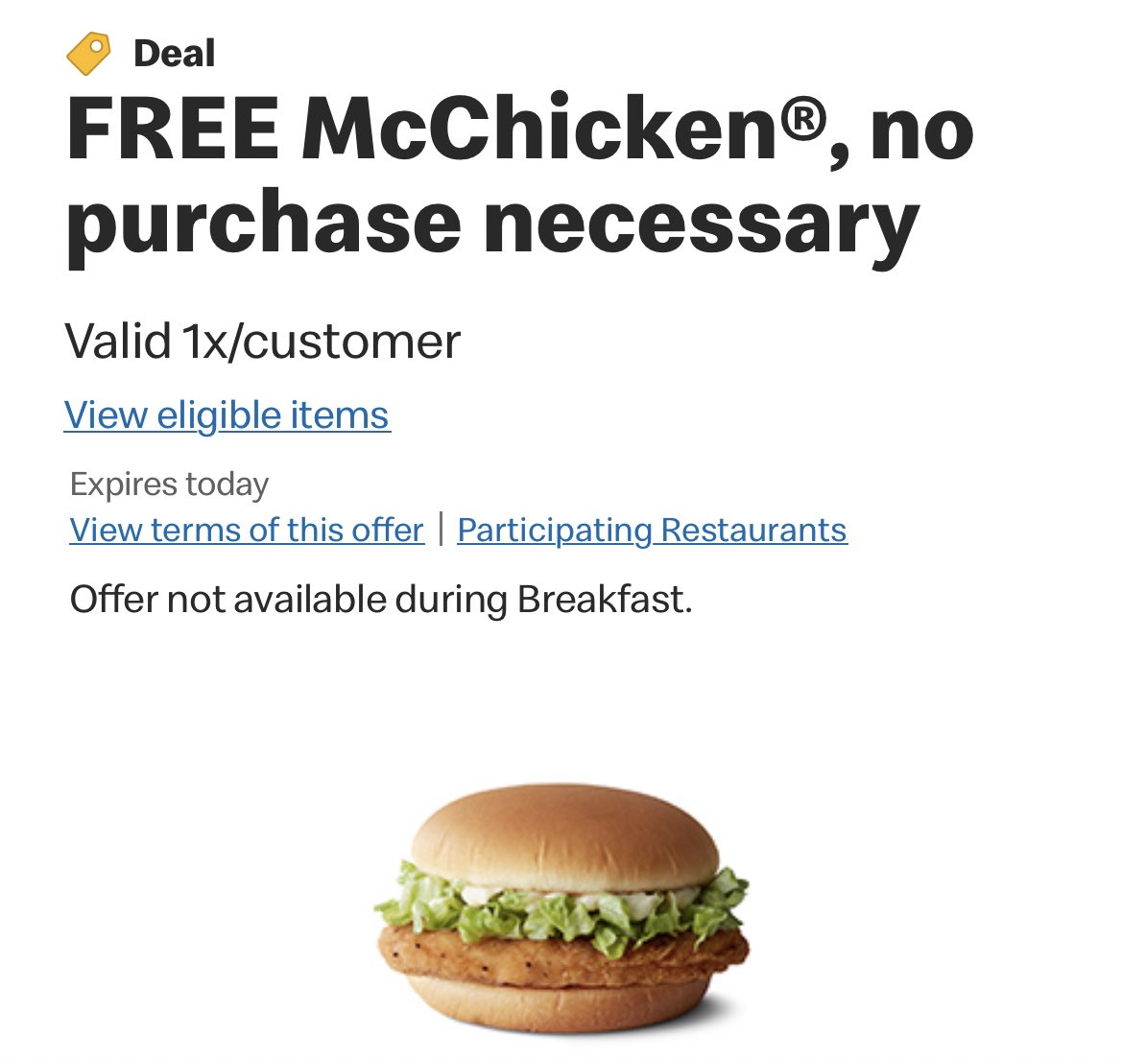 Kelsey on Twitter "FREE MCCHICKEN at McDonalds TODAY ONLY. No purchase