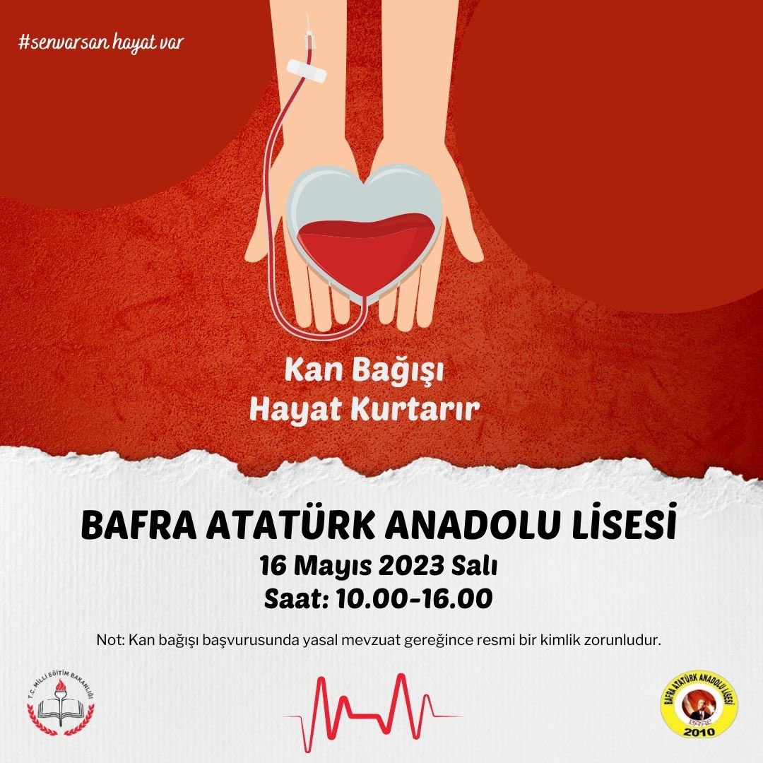 LisesiBafra's tweet photo. 16 Mayıs 2023 Salı Günü okulumuzda düzenlenecek olan #kanbağışı kampanyamıza desteklerinizi bekliyoruz.
#kızılay
#bafraataturkanadolulisesi https://t.co/kcXPo7l5SX