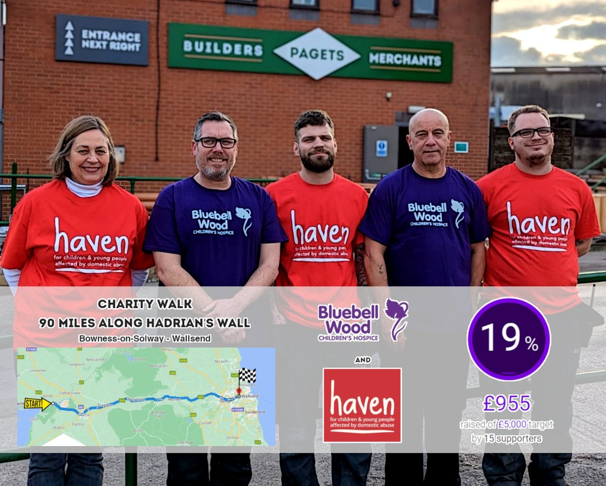 Our team is walking 90 miles along Hadrian's Wall. We're on a mission to raise as much money as possible for local charities, Bluebell Wood Children's Hospice and Haven, but we can't do it without YOUR help!  justgiving.com/team/pagets #HadriansWall #CharityWalk #SheffieldBusiness